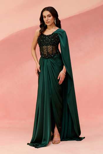 Label Moni K_Emerald Green Satin, Net Sweetheart Pre-draped Saree With Embellished Corset _Online_at_Aza_Fashions