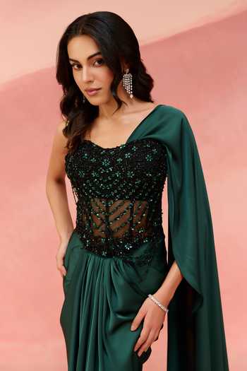 Buy_Label Moni K_Emerald Green Satin, Net Sweetheart Pre-draped Saree With Embellished Corset _Online_at_Aza_Fashions