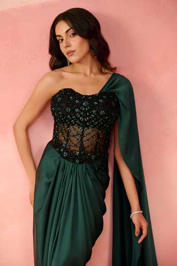 Shop_Label Moni K_Emerald Green Satin, Net Sweetheart Pre-draped Saree With Embellished Corset _Online_at_Aza_Fashions