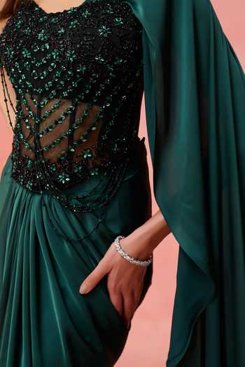 Label Moni K_Emerald Green Satin, Net Sweetheart Pre-draped Saree With Embellished Corset _at_Aza_Fashions