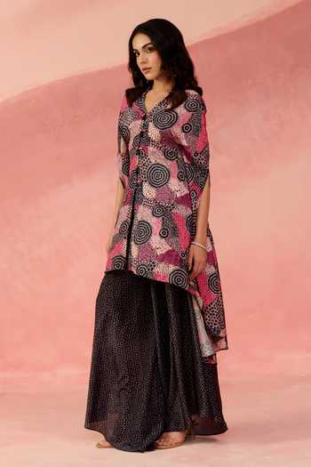 Label Moni K_Pink Crepe Cosmic Dot Print Cape And Palazzo Set _Online_at_Aza_Fashions