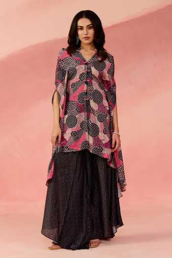 Buy_Label Moni K_Pink Crepe Cosmic Dot Print Cape And Palazzo Set _at_Aza_Fashions