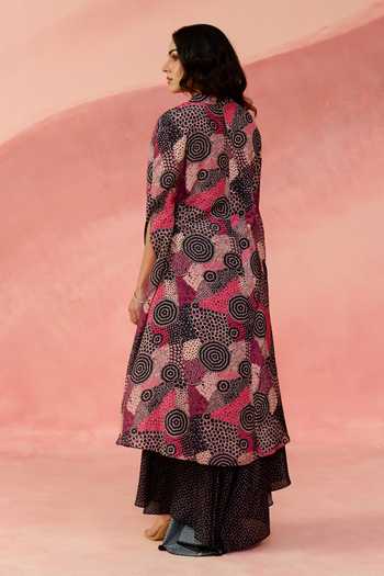 Shop_Label Moni K_Pink Crepe Cosmic Dot Print Cape And Palazzo Set _at_Aza_Fashions