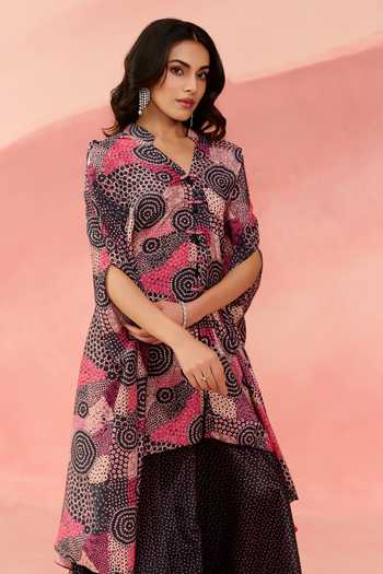 Buy_Label Moni K_Pink Crepe Cosmic Dot Print Cape And Palazzo Set _Online_at_Aza_Fashions