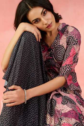 Label Moni K_Pink Crepe Cosmic Dot Print Cape And Palazzo Set _at_Aza_Fashions