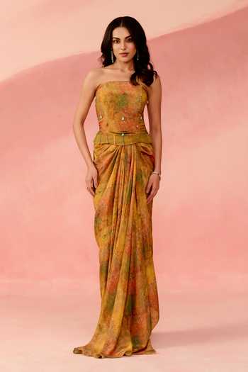 Buy_Label Moni K_Multi Color Crepe Bandeau Neck Marbelled Floral Print Corset And Skirt Set _at_Aza_Fashions