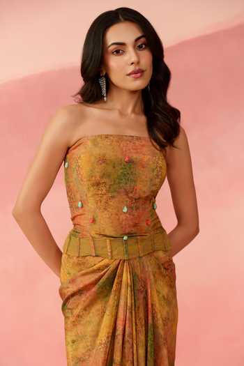 Label Moni K_Multi Color Crepe Bandeau Neck Marbelled Floral Print Corset And Skirt Set _Online_at_Aza_Fashions
