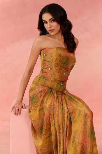 Label Moni K_Multi Color Crepe Bandeau Neck Marbelled Floral Print Corset And Skirt Set _at_Aza_Fashions