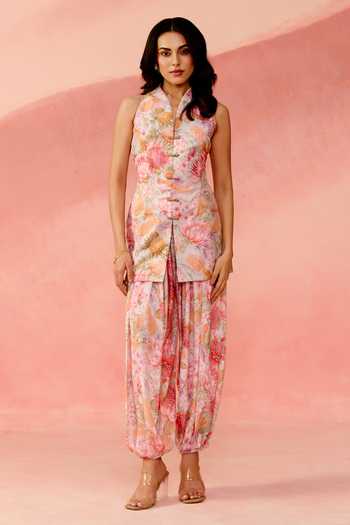 Buy_Label Moni K_Pink Crepe Mandarin Collar, Yes Botanical Print Tunic And Dhoti Pant Set _at_Aza_Fashions