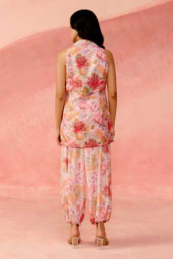 Shop_Label Moni K_Pink Crepe Mandarin Collar, Yes Botanical Print Tunic And Dhoti Pant Set _at_Aza_Fashions