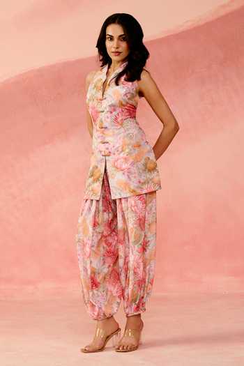 Buy_Label Moni K_Pink Crepe Mandarin Collar, Yes Botanical Print Tunic And Dhoti Pant Set _Online_at_Aza_Fashions