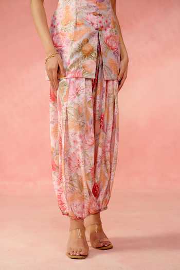 Shop_Label Moni K_Pink Crepe Mandarin Collar, Yes Botanical Print Tunic And Dhoti Pant Set _Online_at_Aza_Fashions
