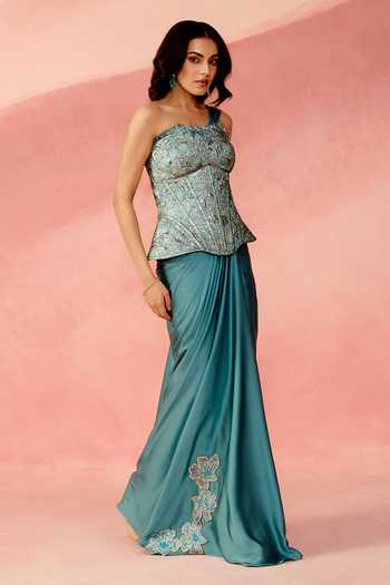 Label Moni K_Blue Satin, Brocade Embroidery, Sapphire Stardust Embellished Corset And Skirt Set _Online_at_Aza_Fashions