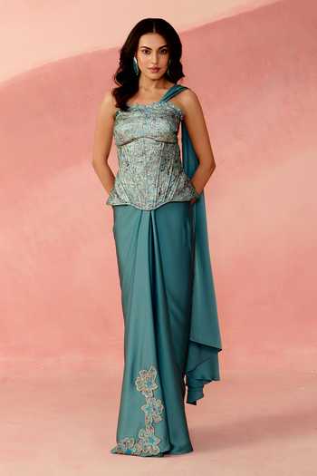 Buy_Label Moni K_Blue Satin, Brocade Embroidery, Sapphire Stardust Embellished Corset And Skirt Set _Online_at_Aza_Fashions