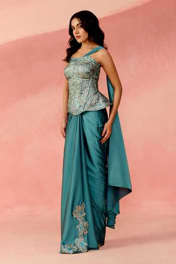 Shop_Label Moni K_Blue Satin, Brocade Embroidery, Sapphire Stardust Embellished Corset And Skirt Set _Online_at_Aza_Fashions