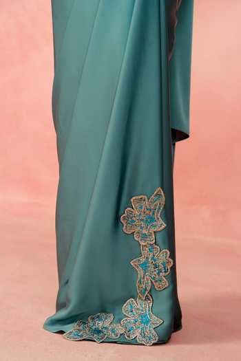 Label Moni K_Blue Satin, Brocade Embroidery, Sapphire Stardust Embellished Corset And Skirt Set _at_Aza_Fashions