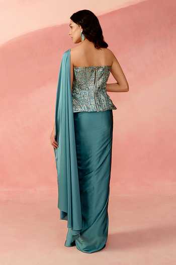 Shop_Label Moni K_Blue Satin, Brocade Embroidery, Sapphire Stardust Embellished Corset And Skirt Set _at_Aza_Fashions