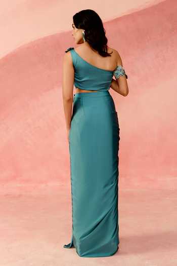 Shop_Label Moni K_Blue Satin Off-shoulder Sapphire Pre-draped Saree With Embroidered Blouse _at_Aza_Fashions