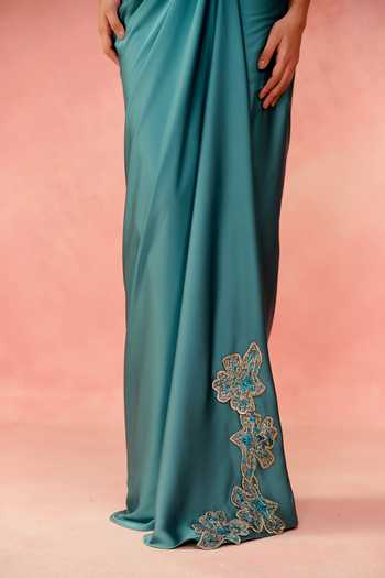 Label Moni K_Blue Satin Off-shoulder Sapphire Pre-draped Saree With Embroidered Blouse _Online_at_Aza_Fashions