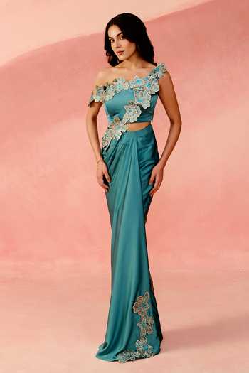 Buy_Label Moni K_Blue Satin Off-shoulder Sapphire Pre-draped Saree With Embroidered Blouse _Online_at_Aza_Fashions