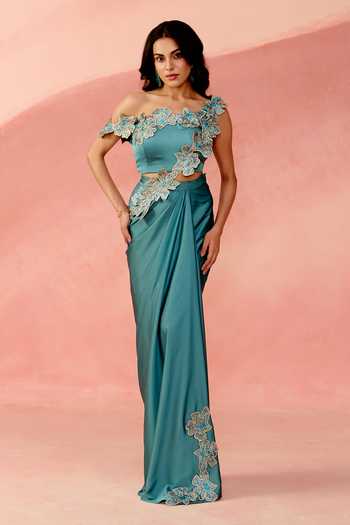 Buy_Label Moni K_Blue Satin Off-shoulder Sapphire Pre-draped Saree With Embroidered Blouse _at_Aza_Fashions