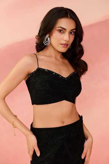 Shop_Label Moni K_Black Net, Crepe Sequins, Beads, Mirrors Open Swan Embellished Shrug Skirt Set _Online_at_Aza_Fashions