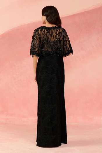 Shop_Label Moni K_Black Net, Crepe Sequins, Beads, Mirrors Open Swan Embellished Shrug Skirt Set _at_Aza_Fashions