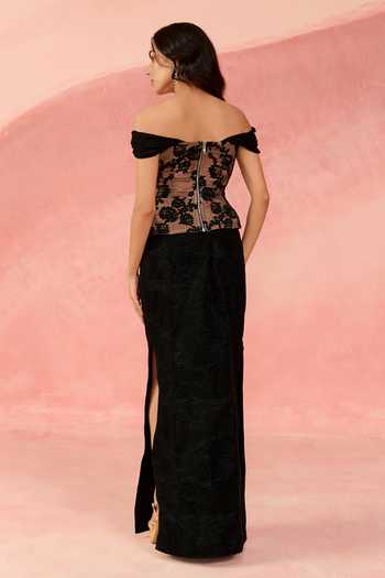 Shop_Label Moni K_Black Net, Crepe Off-shoulder Swan Embellished Top And Skirt Set _at_Aza_Fashions