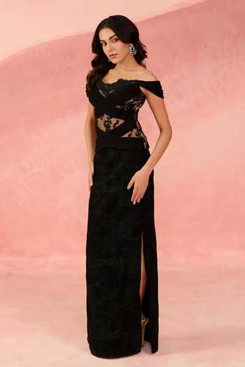 Shop_Label Moni K_Black Net, Crepe Off-shoulder Swan Embellished Top And Skirt Set _Online_at_Aza_Fashions