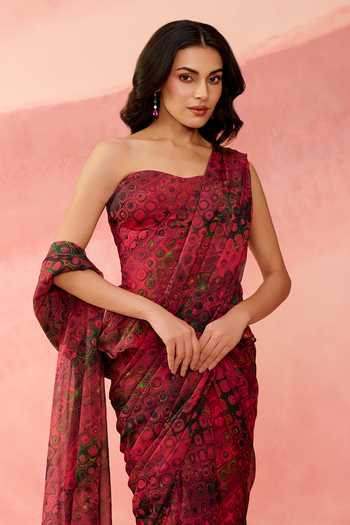 Buy_Label Moni K_Wine Georgette Off-shoulder Mosaic Print Pre-draped Saree With Blouse _Online_at_Aza_Fashions