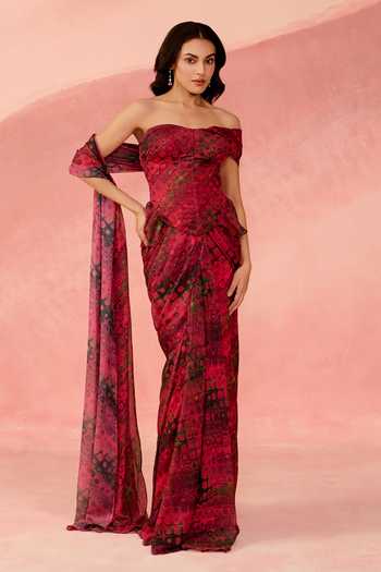 Shop_Label Moni K_Wine Georgette Off-shoulder Mosaic Print Pre-draped Saree With Blouse _at_Aza_Fashions