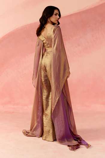 Shop_Label Moni K_Rose Gold Organza V-neck Fluid Goonj Embroidered Kaftan And Trouser Set _at_Aza_Fashions