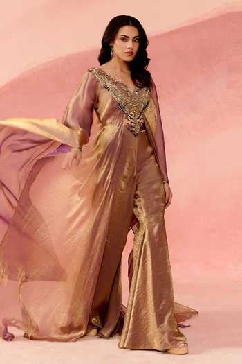 Label Moni K_Rose Gold Organza V-neck Fluid Goonj Embroidered Kaftan And Trouser Set _Online_at_Aza_Fashions