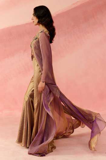 Buy_Label Moni K_Rose Gold Organza V-neck Fluid Goonj Embroidered Kaftan And Trouser Set _Online_at_Aza_Fashions