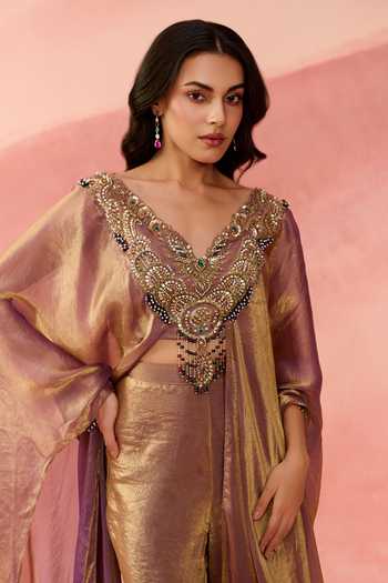 Shop_Label Moni K_Rose Gold Organza V-neck Fluid Goonj Embroidered Kaftan And Trouser Set _Online_at_Aza_Fashions