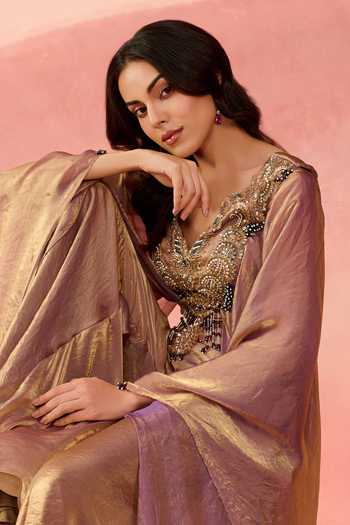 Label Moni K_Rose Gold Organza V-neck Fluid Goonj Embroidered Kaftan And Trouser Set _at_Aza_Fashions