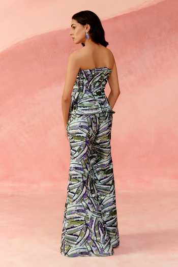 Shop_Label Moni K_Blue Jacquard Sweetheart Neck Amethyst Strapless Peplum Top And Trouser Set _at_Aza_Fashions