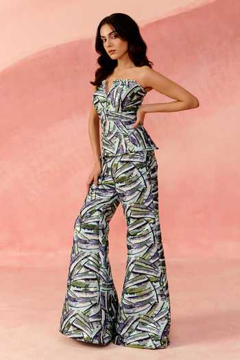 Label Moni K_Blue Jacquard Sweetheart Neck Amethyst Strapless Peplum Top And Trouser Set _Online_at_Aza_Fashions