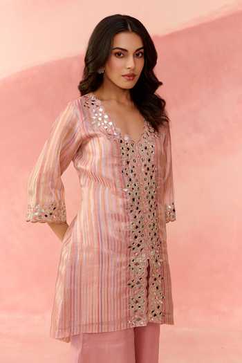 Label Moni K_Pink Organza, Tissue, Silk Satin V-neck, Rose Raag Straight Kurta Sharara Set _Online_at_Aza_Fashions