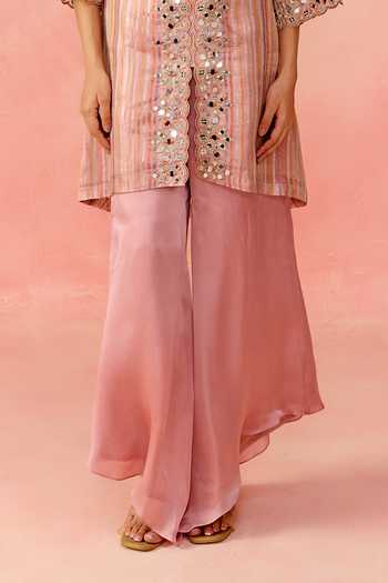 Buy_Label Moni K_Pink Organza, Tissue, Silk Satin V-neck, Rose Raag Straight Kurta Sharara Set _Online_at_Aza_Fashions