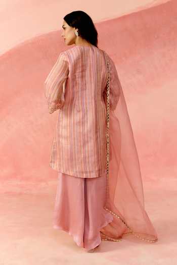 Shop_Label Moni K_Pink Organza, Tissue, Silk Satin V-neck, Rose Raag Straight Kurta Sharara Set _at_Aza_Fashions