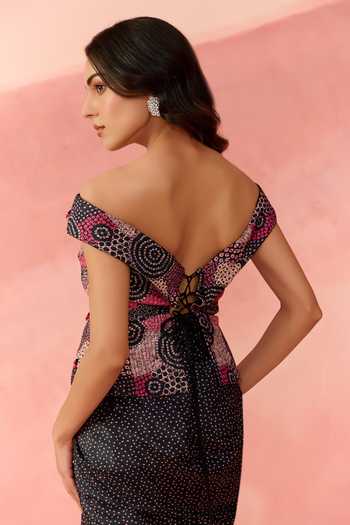 Label Moni K_Pink Crepe Off-shoulder Cosmic Dot Print Top And Skirt Set _Online_at_Aza_Fashions