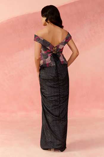 Shop_Label Moni K_Pink Crepe Off-shoulder Cosmic Dot Print Top And Skirt Set _at_Aza_Fashions