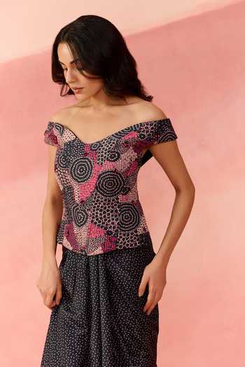 Shop_Label Moni K_Pink Crepe Off-shoulder Cosmic Dot Print Top And Skirt Set _Online_at_Aza_Fashions