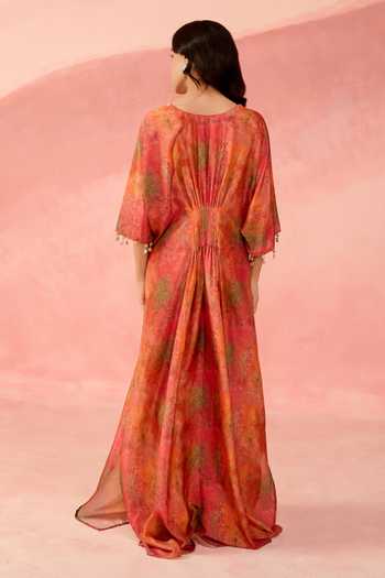 Shop_Label Moni K_Orange Crepe V-neck Dreamscape Printed Kaftan _at_Aza_Fashions
