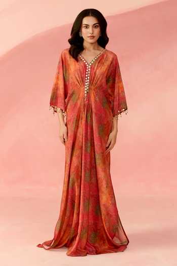 Label Moni K_Orange Crepe V-neck Dreamscape Printed Kaftan _Online_at_Aza_Fashions