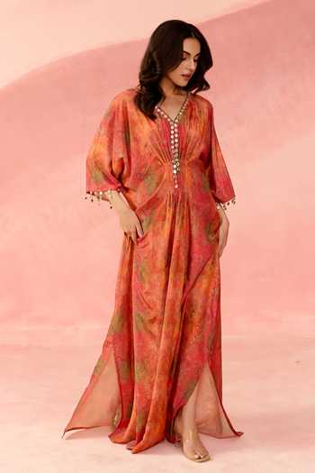 Buy_Label Moni K_Orange Crepe V-neck Dreamscape Printed Kaftan _at_Aza_Fashions