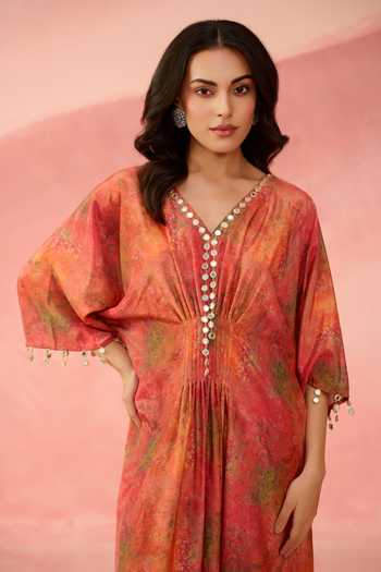 Buy_Label Moni K_Orange Crepe V-neck Dreamscape Printed Kaftan _Online_at_Aza_Fashions