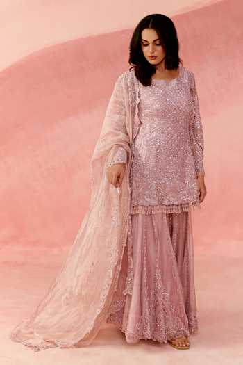 Label Moni K_Pink Organza, Tissue Square Neck, Yes Nazaakat Embellished Kurta Sharara Set _Online_at_Aza_Fashions