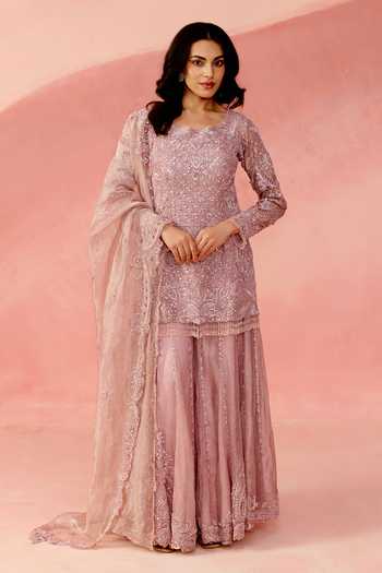 Buy_Label Moni K_Pink Organza, Tissue Square Neck, Yes Nazaakat Embellished Kurta Sharara Set _at_Aza_Fashions